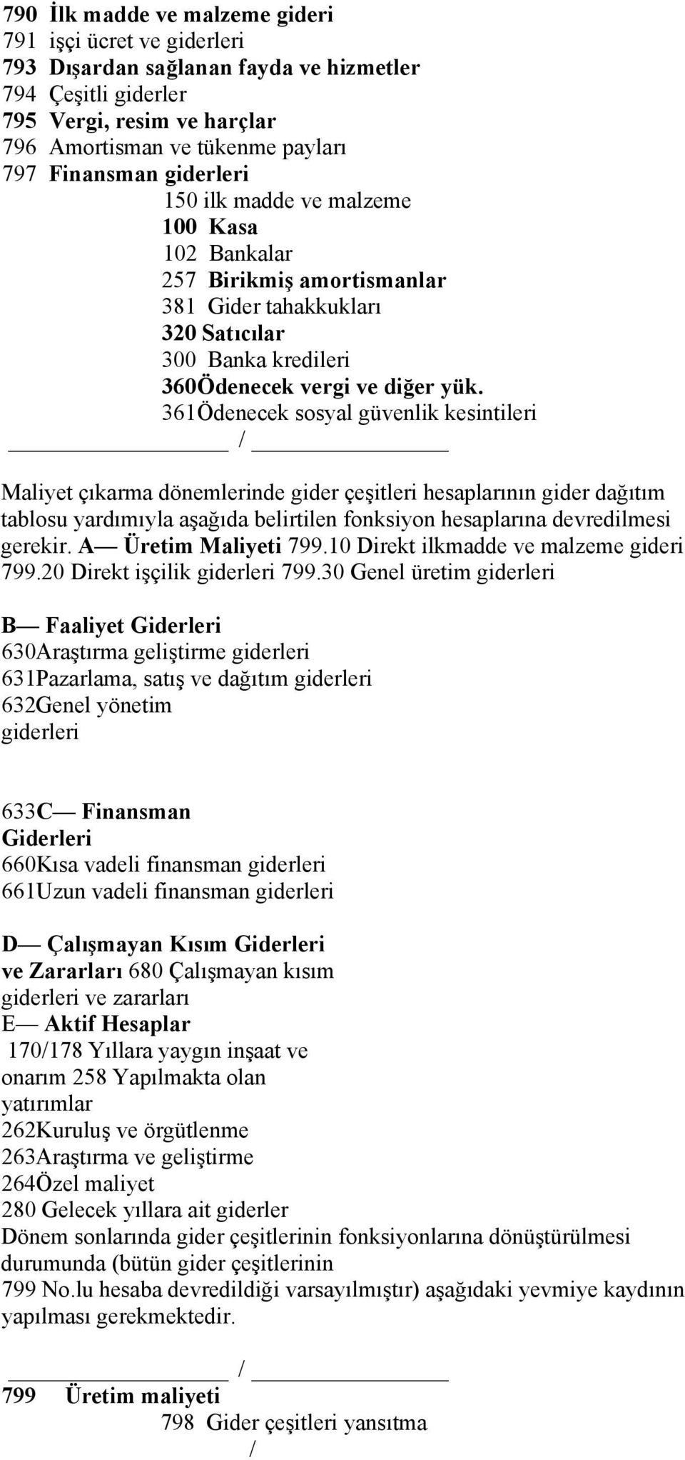 361 Ödenecek sosyal güvenlik kesintileri Maliyet çıkarma dönemlerinde gider çeşitleri hesaplarının gider dağıtım tablosu yardımıyla aşağıda belirtilen fonksiyon hesaplarına devredilmesi gerekir.