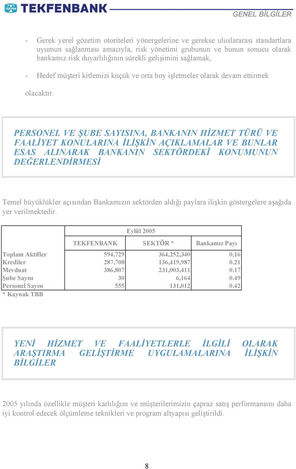 PERSONEL VE ŞUBE SAYISINA, BANKANIN HİZMET TÜRÜ VE FAALİYET KONULARINA İLİŞKİN AÇIKLAMALAR VE BUNLAR ESAS ALINARAK BANKANIN SEKTÖRDEKİ KONUMUNUN DEĞERLENDİRMESİ Temel büyüklükler açısından Bankamızın