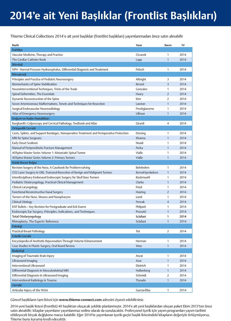 Nöroşirurji Principles and Practice of Pediatric Neurosurgery Albright 3 2014 Biomechanics of Spine Stabilization Benzel 3 2014 Neurointerventional Techniques, Tricks of the Trade Gonzalez 1 2014