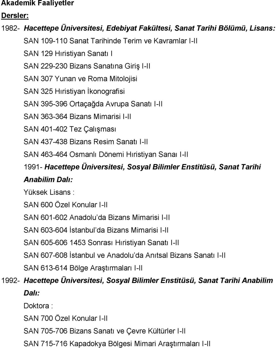 SAN 437-438 Bizans Resim Sanatı I-II SAN 463-464 Osmanlı Dönemi Hıristiyan Sanaı I-II 1991- Hacettepe Üniversitesi, Sosyal Bilimler Enstitüsü, Sanat Tarihi Anabilim Dalı: Yüksek Lisans : SAN 600 Özel