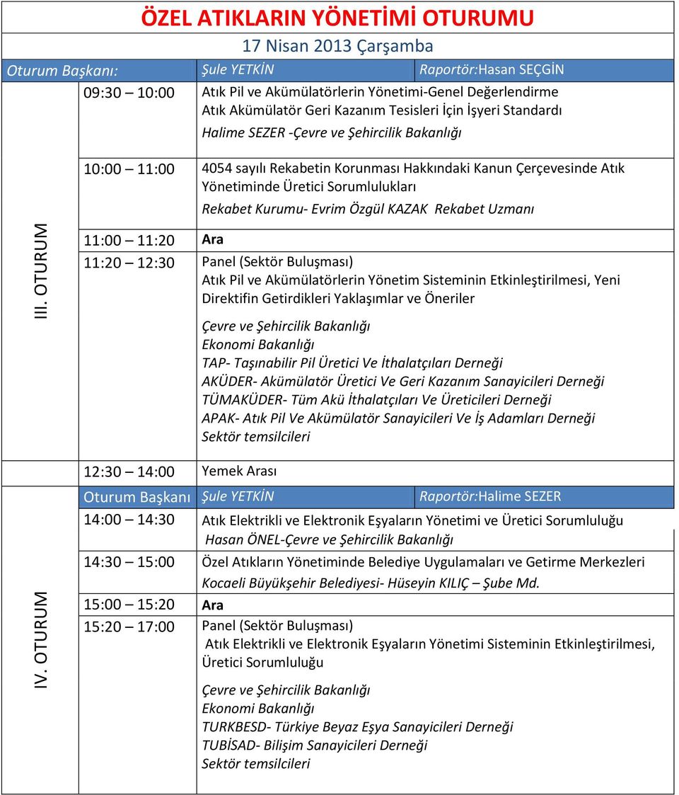 Özgül KAZAK Rekabet Uzmanı 11:20 12:30 Panel (Sektör Buluşması) Atık Pil ve Akümülatörlerin Yönetim Sisteminin Etkinleştirilmesi, Yeni Direktifin Getirdikleri Yaklaşımlar ve Öneriler Çevre ve