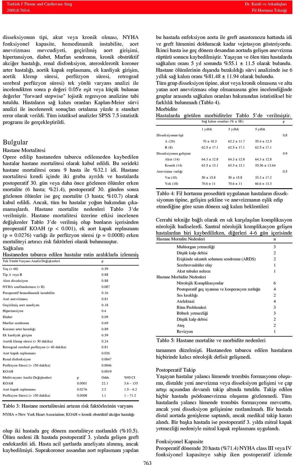 Marfan sendromu, kronik obstrüktif akciðer hastalýðý, renal disfonksiyon, aterosklerotik koroner arter hastalýðý, aortik kapak replasmaný, ek kardiyak giriþim, aortik klemp süresi, perfüzyon süresi,