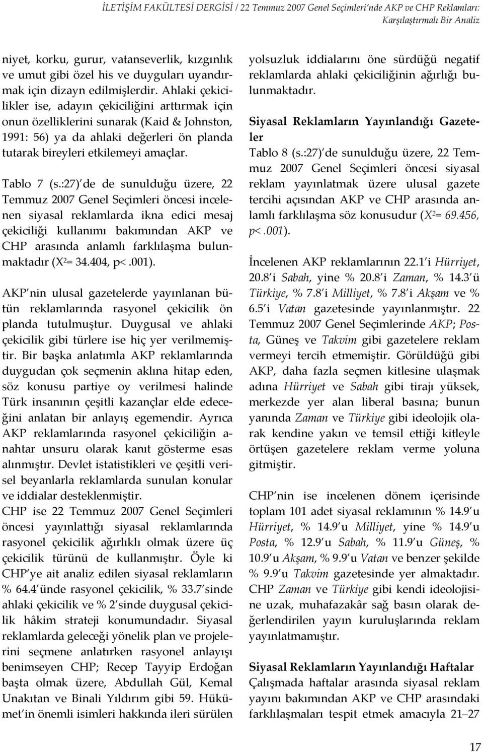 :27) de de sunulduğu üzere, 22 Temmuz 2007 Genel Seçimleri öncesi incelenen siyasal reklamlarda ikna edici mesaj çekiciliği kullanımı bakımından AKP ve CHP arasında anlamlı farklılaşma bulunmaktadır