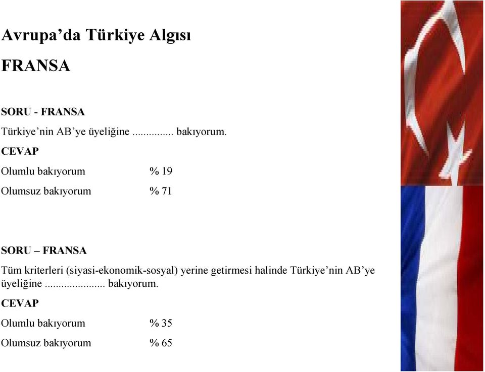 CEVAP Olumlu bakıyorum % 19 Olumsuz bakıyorum % 71 SORU FRANSA Tüm