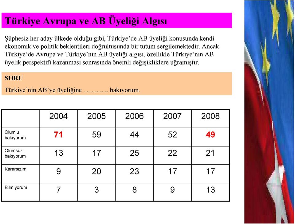 Ancak Türkiye de Avrupa ve Türkiye nin AB üyeliği algısı, özellikle Türkiye nin AB üyelik perspektifi kazanması sonrasında önemli