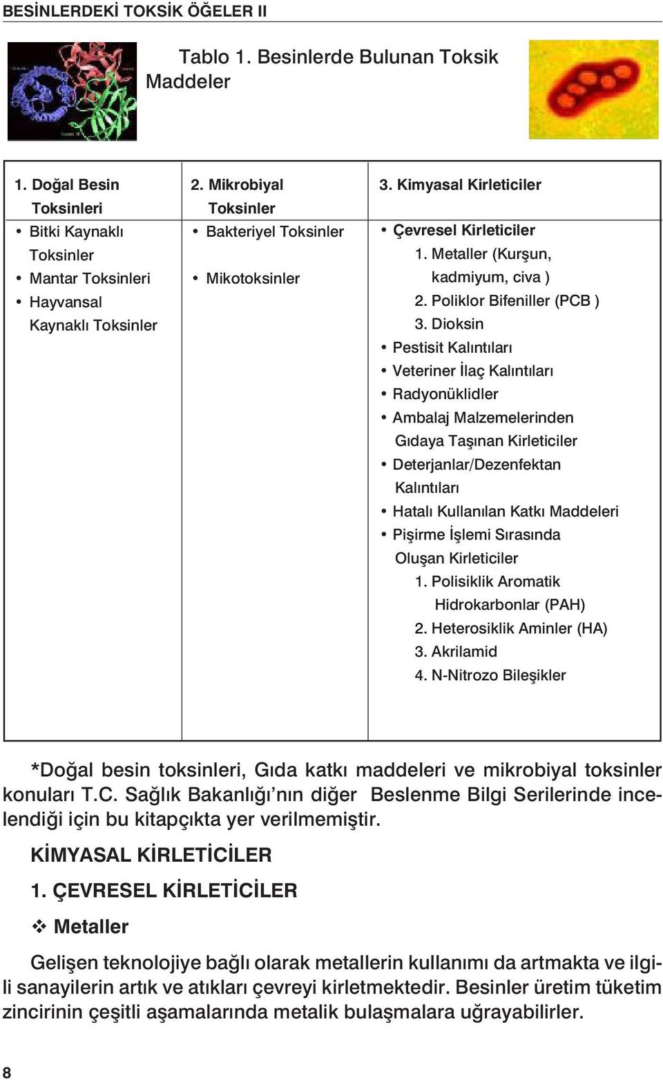 Kimyasal Kirleticiler Çevresel Kirleticiler 1. Metaller (Kurşun, kadmiyum, civa ) 2. Poliklor Bifeniller (PCB ) 3.