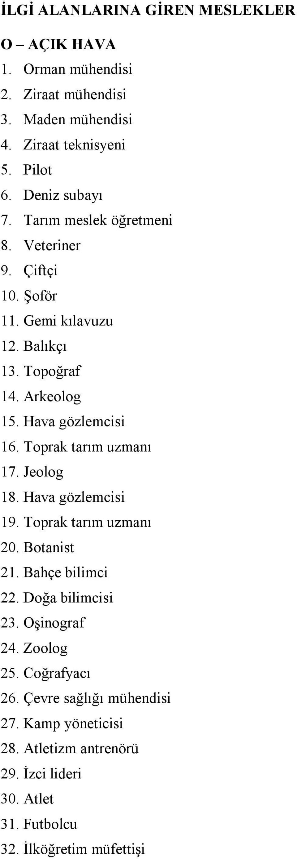 Hava gözlemcisi 16. Toprak tarım uzmanı 17. Jeolog 18. Hava gözlemcisi 19. Toprak tarım uzmanı 20. Botanist 21. Bahçe bilimci 22.