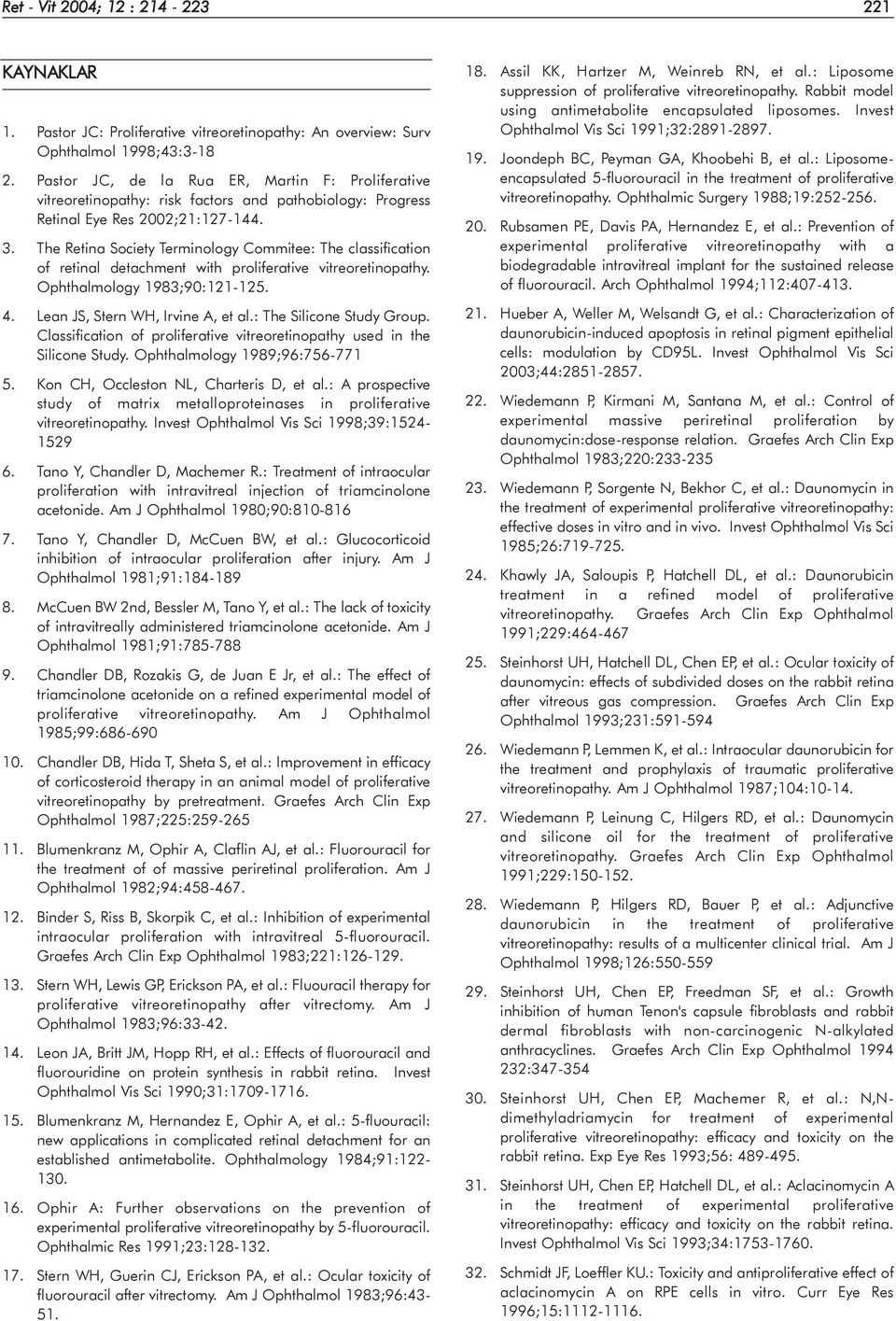 The Retina Society Terminology Commitee: The classification of retinal detachment with proliferative vitreoretinopathy. Ophthalmology 1983;90:121-125. 4. Lean JS, Stern WH, Irvine A, et al.