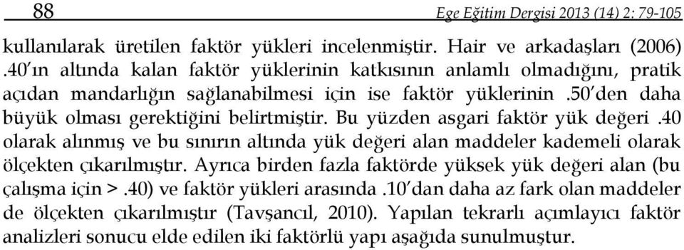 50 den daha büyük olması gerektiğini belirtmiştir. Bu yüzden asgari faktör yük değeri.