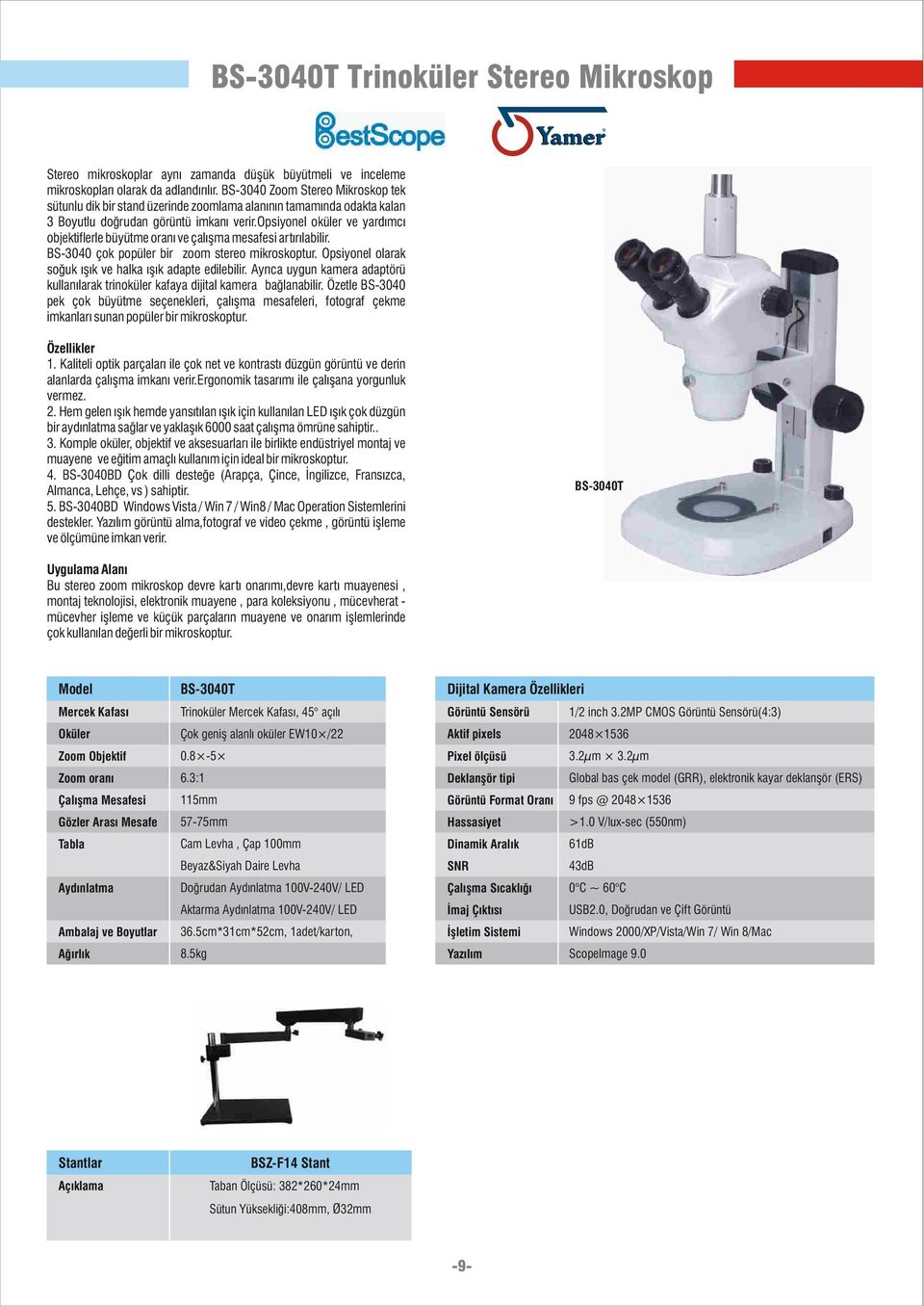 opsiyonel oküler ve yardýmcý objektiflerle büyütme oraný ve çalýþma mesafesi artýrýlabilir. BS-3040 çok popüler bir zoom stereo mikroskoptur.