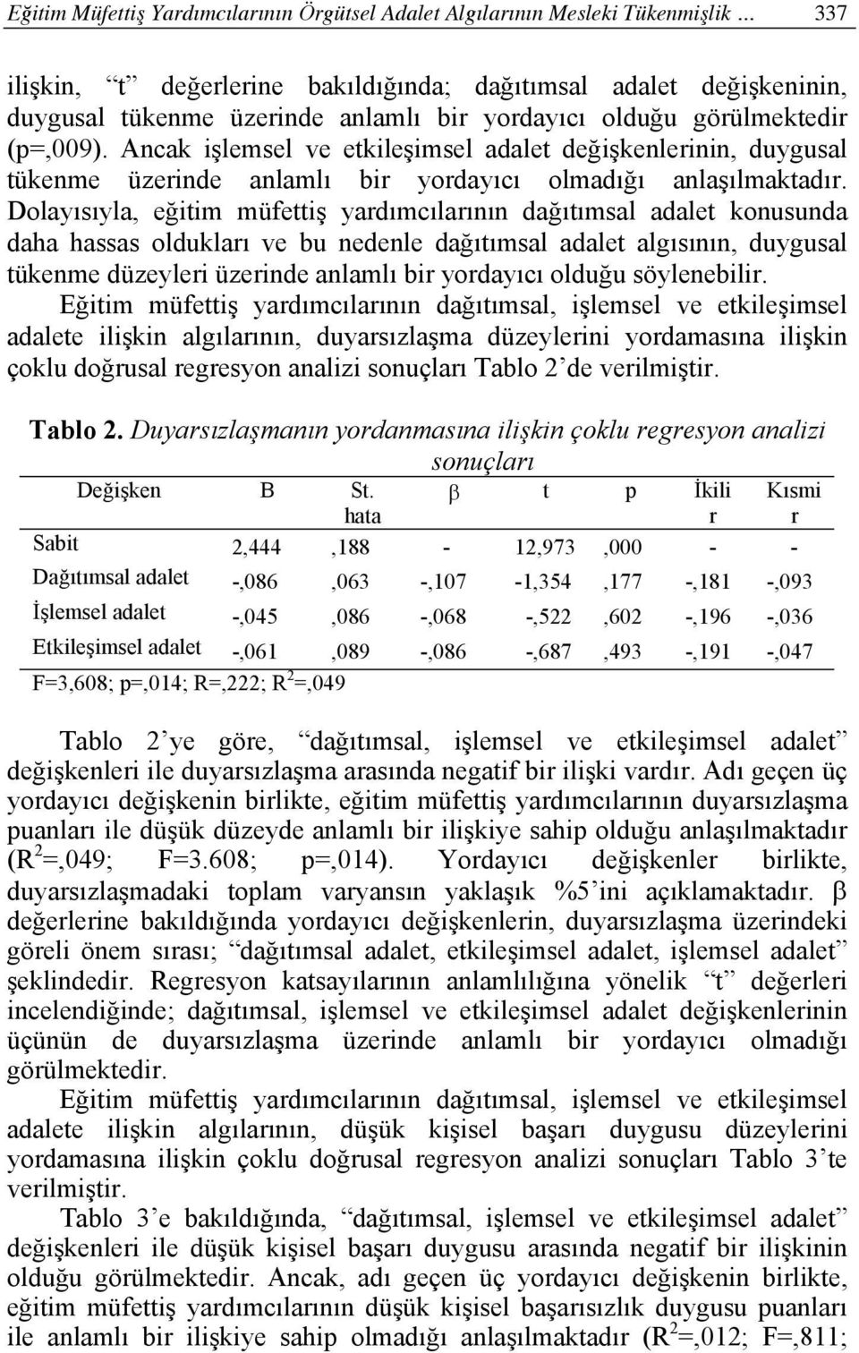 Dolayısıyla, eğitim müfettiş yardımcılarının dağıtımsal adalet konusunda daha hassas oldukları ve bu nedenle dağıtımsal adalet algısının, duygusal tükenme düzeyleri üzerinde anlamlı bir yordayıcı