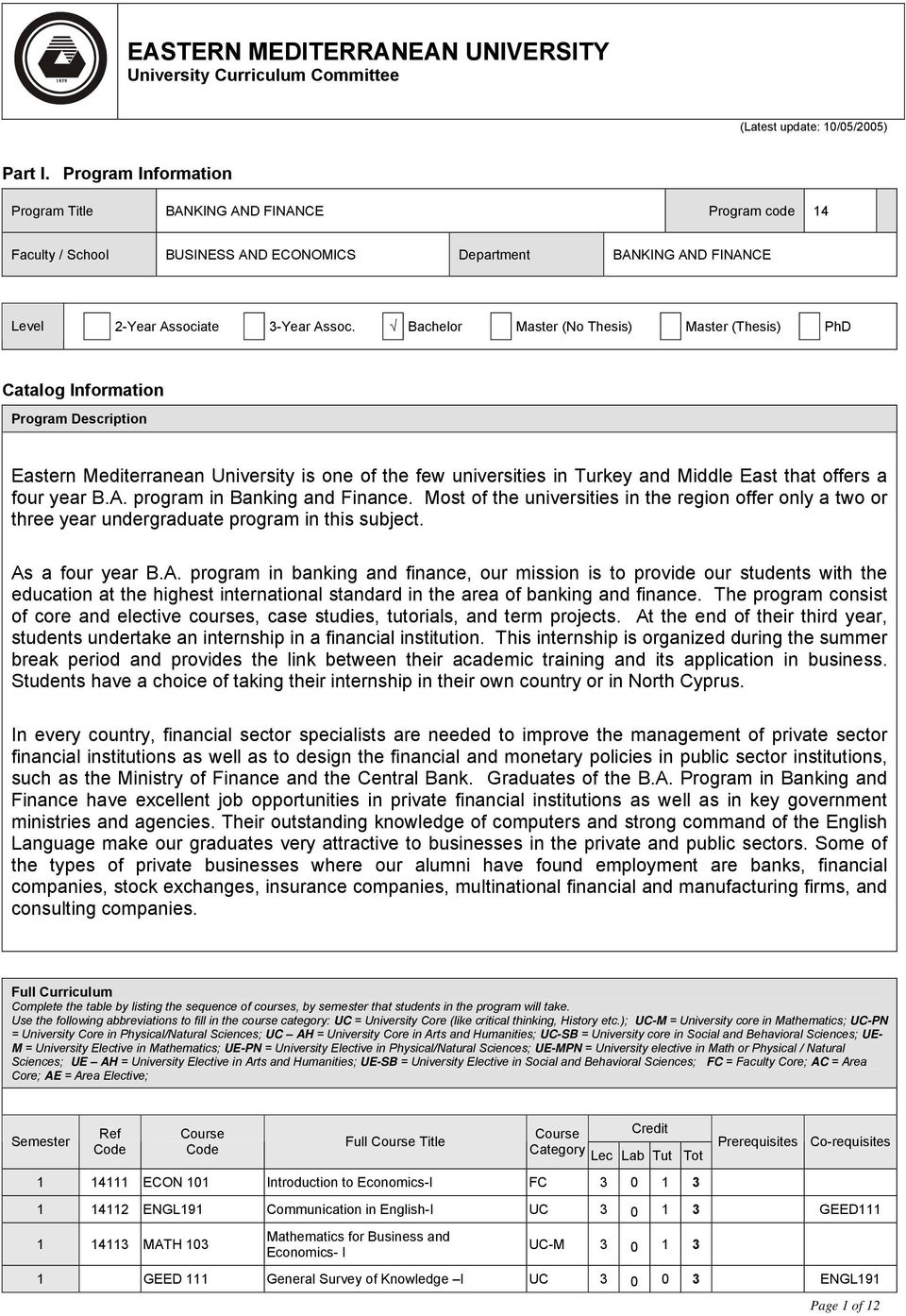 Bachelor Master (No Thesis) Master (Thesis) PhD Catalog Information Program Description Eastern Mediterranean University is one of the few universities in Turkey and Middle East that offers a four