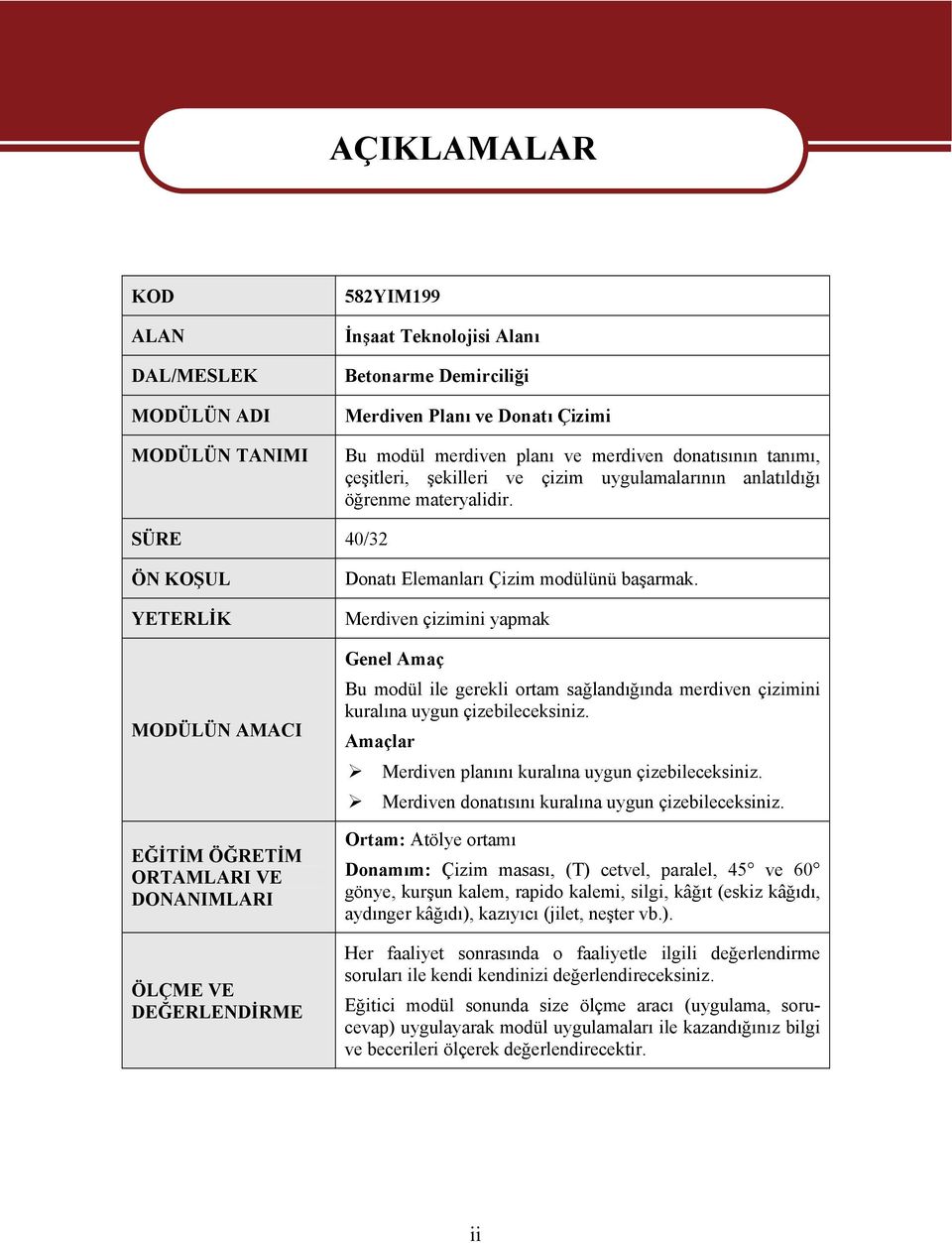 SÜRE 40/32 ÖN KOŞUL YETERLİK MODÜLÜN AMACI EĞİTİM ÖĞRETİM ORTAMLARI VE DONANIMLARI ÖLÇME VE DEĞERLENDİRME Donatı Elemanları Çizim modülünü başarmak.