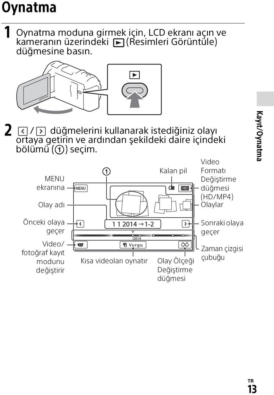 MENU ekranına Olay adı Kalan pil Video Formatı Değiştirme düğmesi (HD/MP4) Olaylar Kayıt/Oynatma Önceki olaya geçer