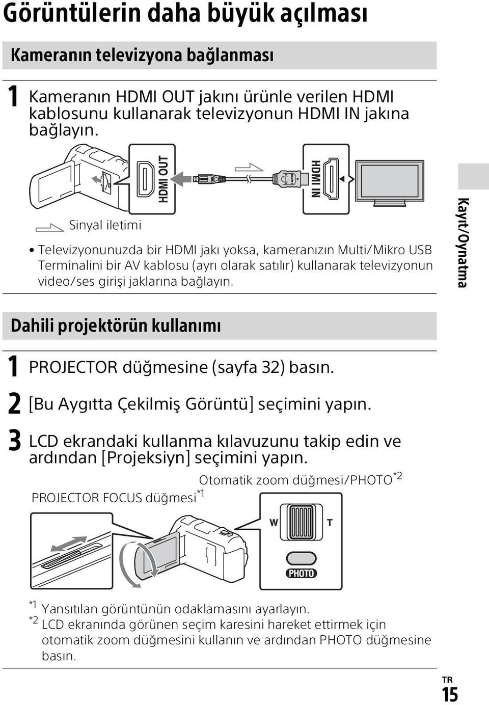 Kayıt/Oynatma Dahili projektörün kullanımı 1 PROJECTOR düğmesine (sayfa 32) basın. 2 [Bu Aygıtta Çekilmiş Görüntü] seçimini yapın.