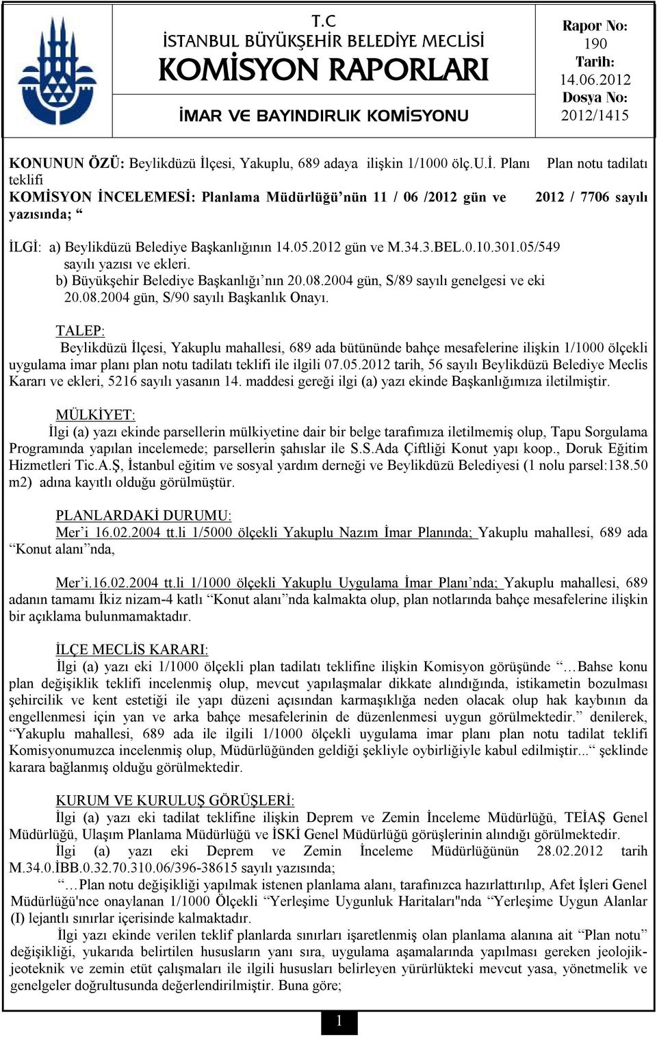 düzü İlçesi, Yakuplu, 689 adaya ilişkin 1/1000 ölç.u.i. Planı Plan notu tadilatı teklifi KOMİSYON İNCELEMESİ: Planlama Müdürlüğü nün 11 / 06 /2012 gün ve 2012 / 7706 sayılı yazısında; İLGİ: a) Beylikdüzü Belediye Başkanlığının 14.