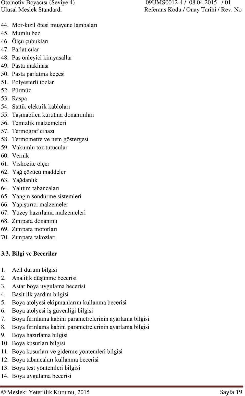 Viskozite ölçer 62. Yağ çözücü maddeler 63. Yağdanlık 64. Yalıtım tabancaları 65. Yangın söndürme sistemleri 66. Yapıştırıcı malzemeler 67. Yüzey hazırlama malzemeleri 68. Zımpara donanımı 69.