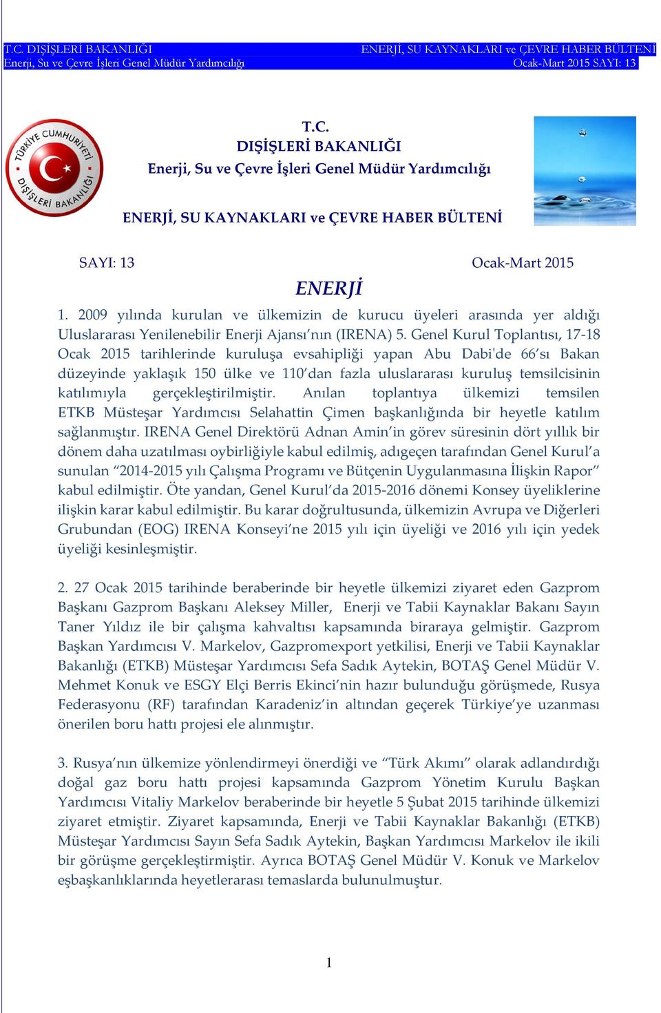 Genel Kurul Toplantısı, 17-18 Ocak 2015 tarihlerinde kuruluşa evsahipliği yapan Abu Dabi'de 66 sı Bakan düzeyinde yaklaşık 150 ülke ve 110 dan fazla uluslararası kuruluş temsilcisinin katılımıyla