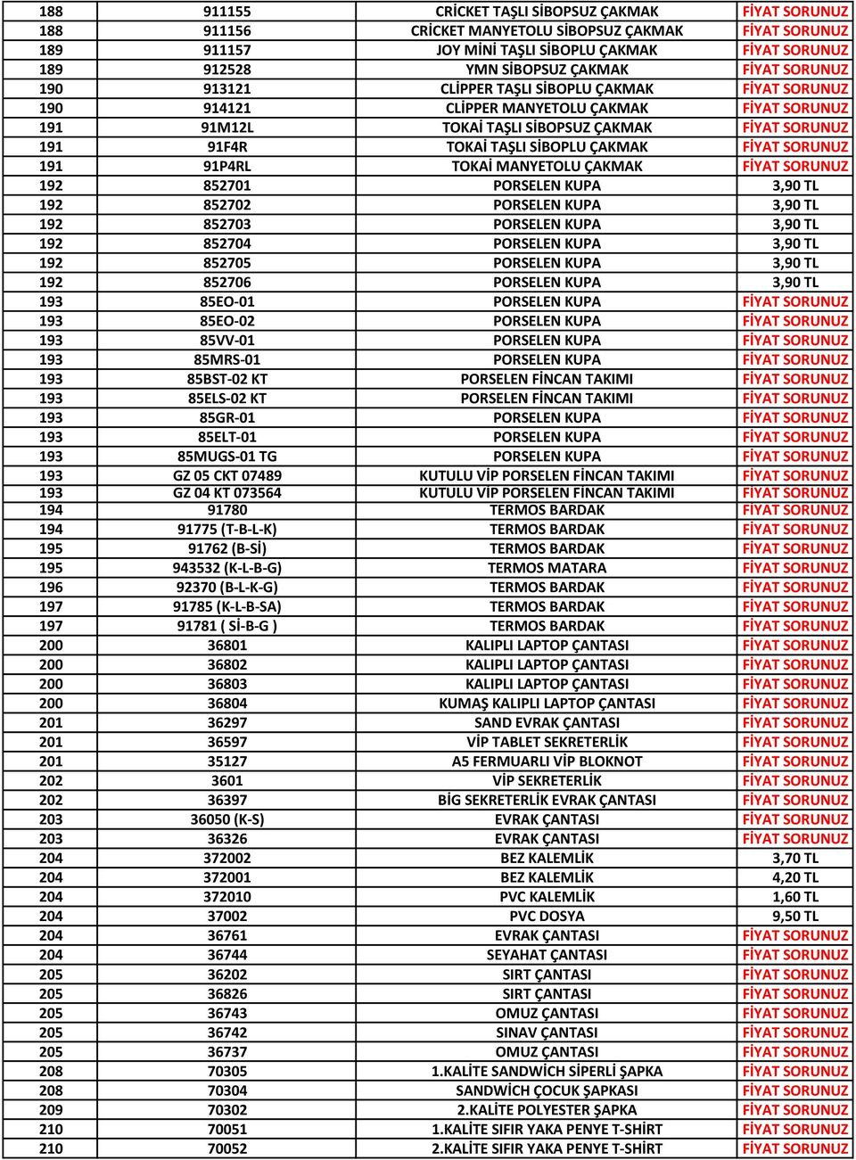 SİBOPLU ÇAKMAK FİYAT SORUNUZ 191 91P4RL TOKAİ MANYETOLU ÇAKMAK FİYAT SORUNUZ 192 852701 PORSELEN KUPA 3,90 TL 192 852702 PORSELEN KUPA 3,90 TL 192 852703 PORSELEN KUPA 3,90 TL 192 852704 PORSELEN