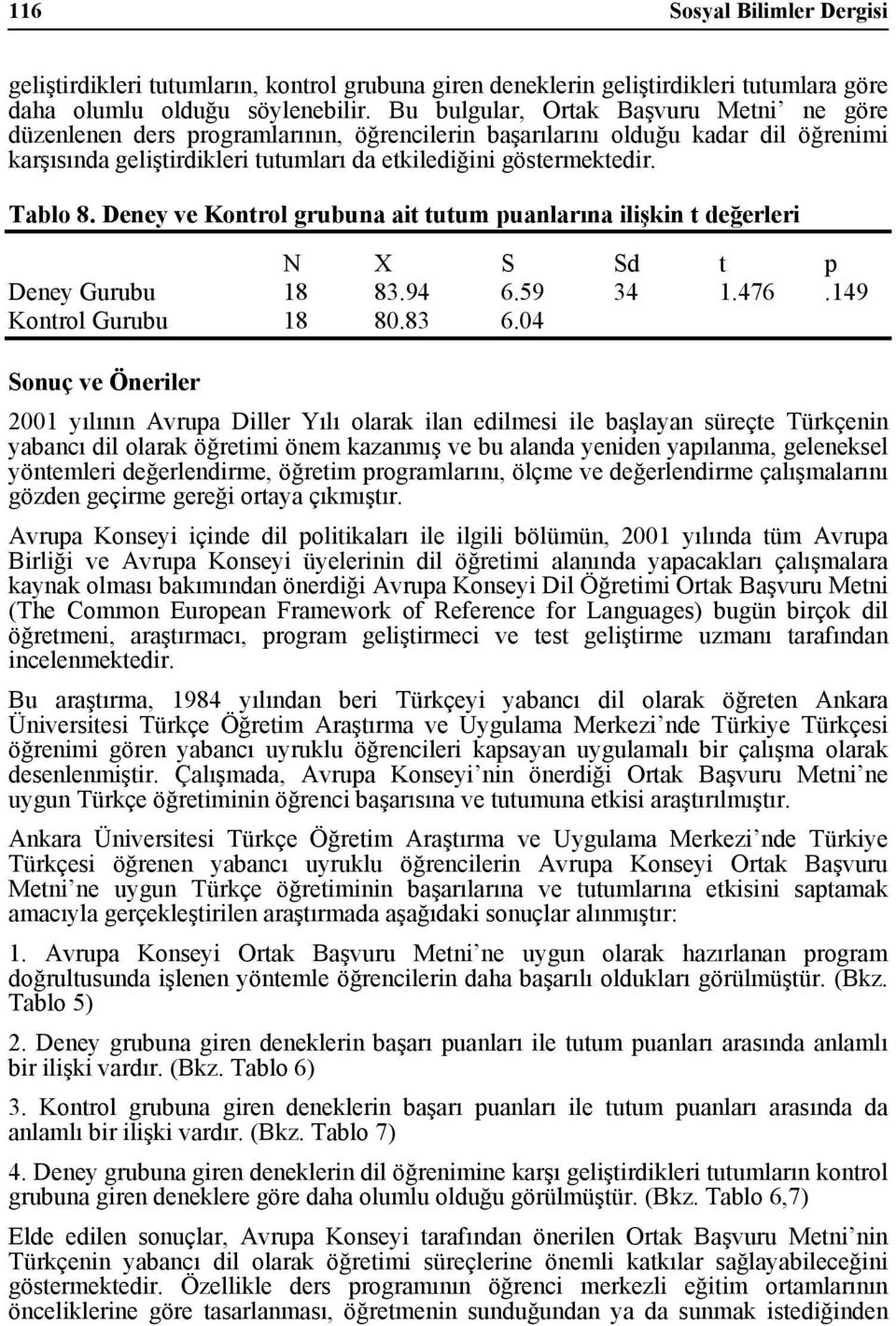 Tablo 8. Deney ve Kontrol grubuna ait tutum puanlarına ilişkin t değerleri N X S Sd t p Deney Gurubu 18 83.94 6.59 34 1.476.149 Kontrol Gurubu 18 80.83 6.