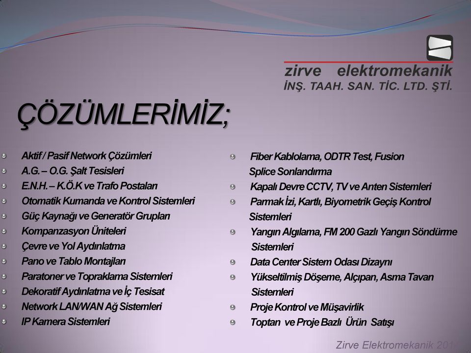 Kamera Sistemleri Fiber Kablolama, ODTR Test, Fusion Splice Sonlandırma Kapalı Devre CCTV, TV ve Anten Sistemleri Parmak İzi, Kartlı, Biyometrik Geçiş Kontrol Sistemleri Yangın