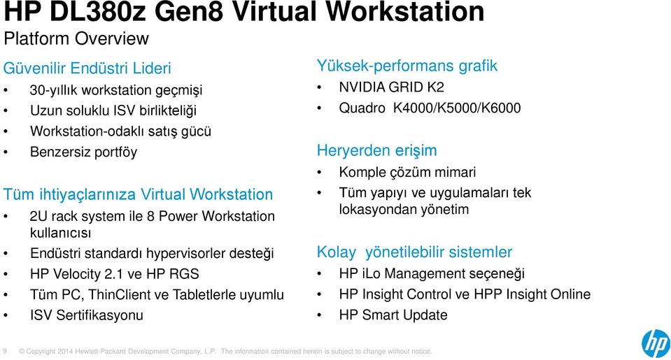 1 ve HP RGS Tüm PC, ThinClient ve Tabletlerle uyumlu ISV Sertifikasyonu Yüksek-performans grafik NVIDIA GRID K2 Quadro K4000/K5000/K6000 Heryerden erişim Komple çözüm