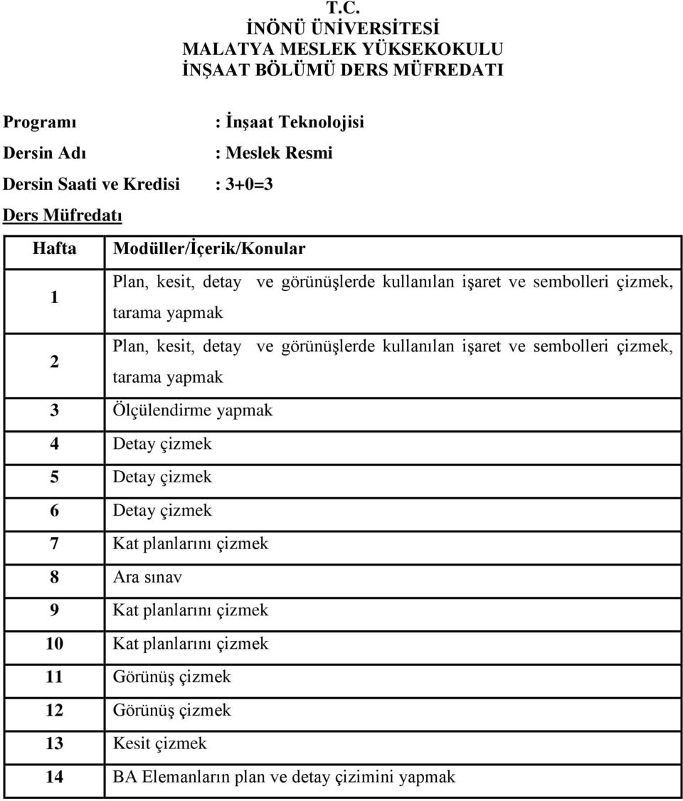 Ölçülendirme yapmak 4 Detay çizmek 5 Detay çizmek 6 Detay çizmek 7 Kat planlarını çizmek 8 Ara sınav 9 Kat planlarını