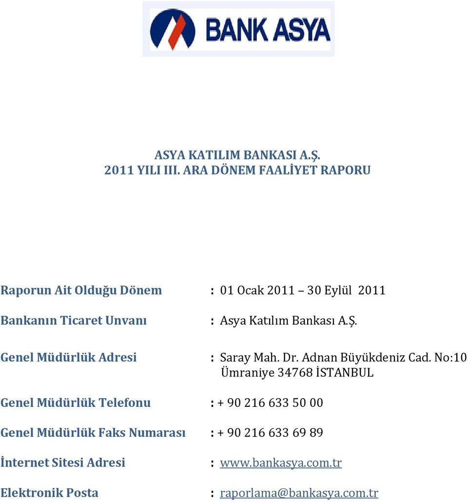 Müdürlük Adresi : Asya Katılım Bankası A.Ş. : Saray Mah. Dr. Adnan Büyükdeniz Cad.
