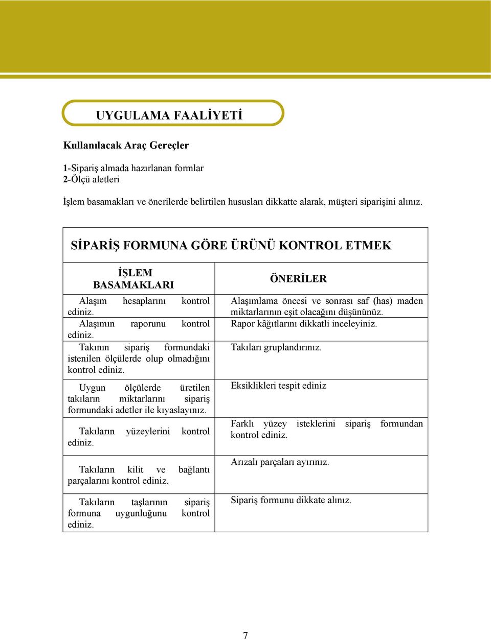 Takının sipariş formundaki istenilen ölçülerde olup olmadığını kontrol ediniz. Uygun ölçülerde üretilen takıların miktarlarını sipariş formundaki adetler ile kıyaslayınız.