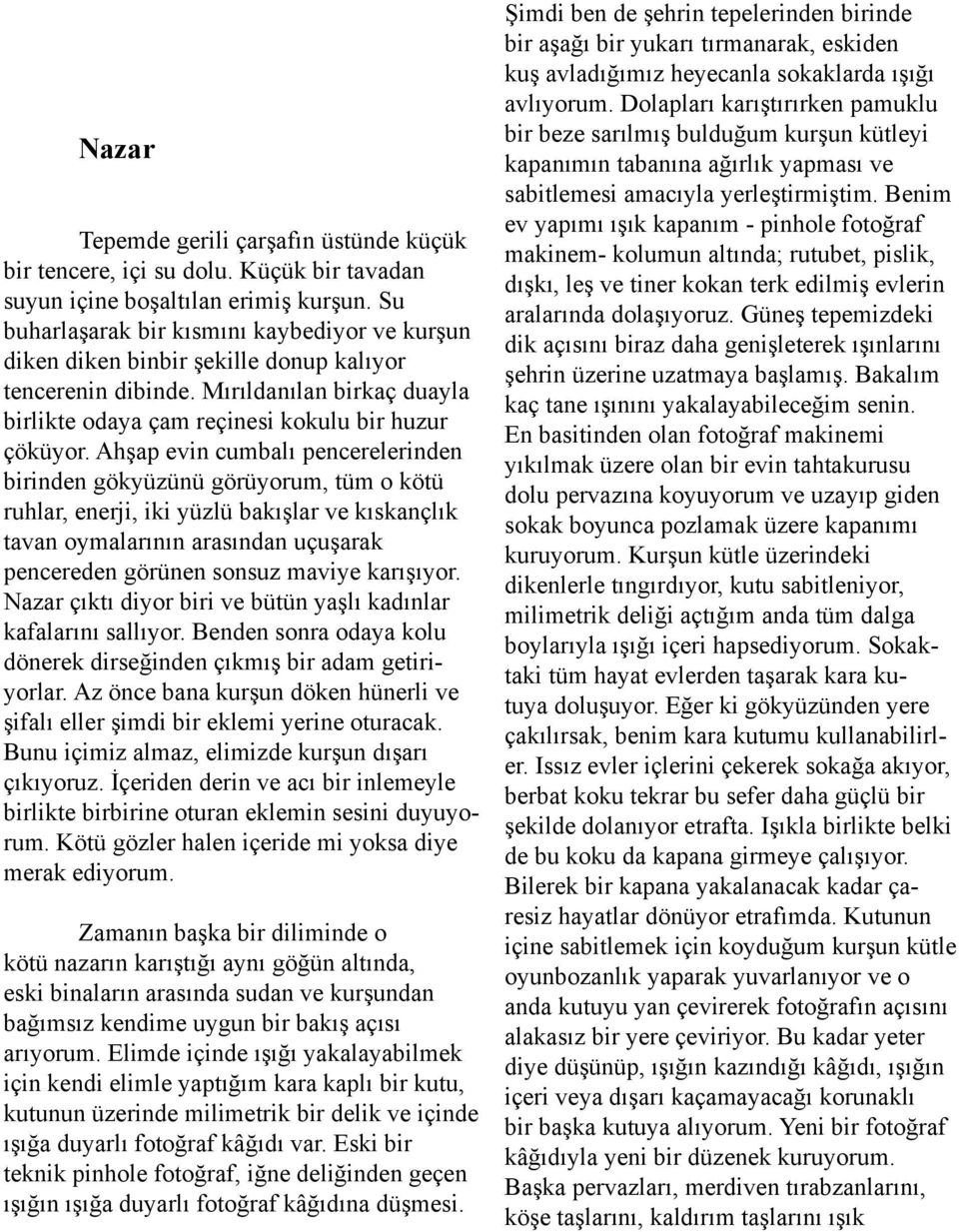 Ahşap evin cumbalı pencerelerinden birinden gökyüzünü görüyorum, tüm o kötü ruhlar, enerji, iki yüzlü bakışlar ve kıskançlık tavan oymalarının arasından uçuşarak pencereden görünen sonsuz maviye