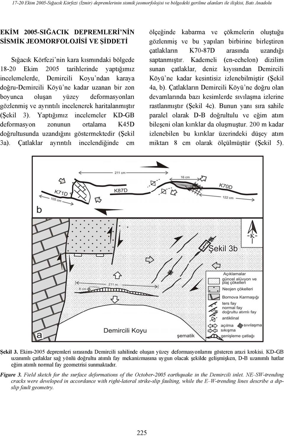 deformasyonları gözlenmiş ve ayrıntılı incelenerek haritalanmıştır (Şekil 3). Yaptığımız incelemeler KD-GB deformasyon zonunun ortalama K45D doğrultusunda uzandığını göstermektedir (Şekil 3a).