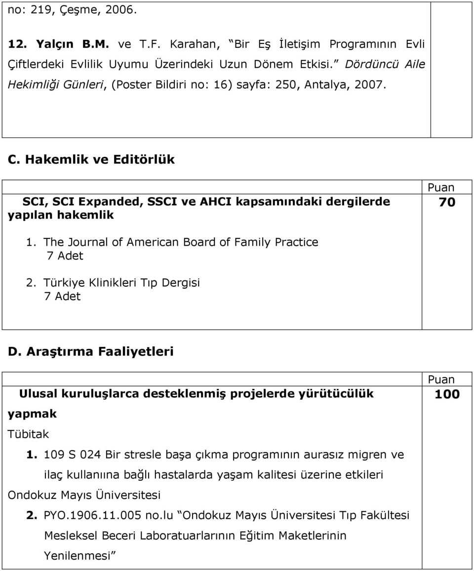 The Journal of American Board of Family Practice 7 Adet 2. Türkiye Klinikleri Tıp Dergisi 7 Adet D. Araştırma Faaliyetleri Ulusal kuruluşlarca desteklenmiş projelerde yürütücülük yapmak Tübitak 1.