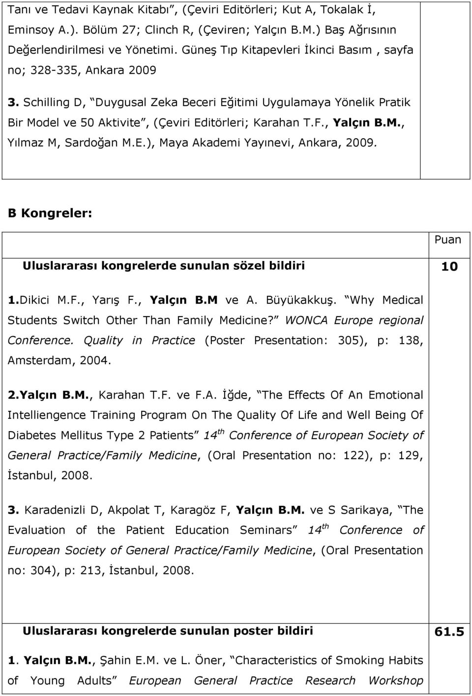 , Yalçın B.M., Yılmaz M, Sardoğan M.E.), Maya Akademi Yayınevi, Ankara, 2009. B Kongreler: Puan Uluslararası kongrelerde sunulan sözel bildiri 10 1.Dikici M.F., Yarış F., Yalçın B.M ve A. Büyükakkuş.