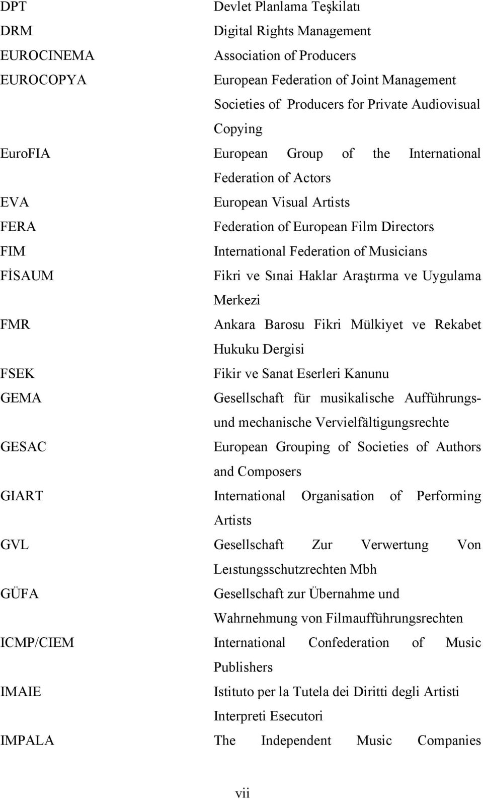 ve Sınai Haklar Araştırma ve Uygulama Merkezi FMR Ankara Barosu Fikri Mülkiyet ve Rekabet Hukuku Dergisi FSEK Fikir ve Sanat Eserleri Kanunu GEMA Gesellschaft für musikalische Aufführungsund