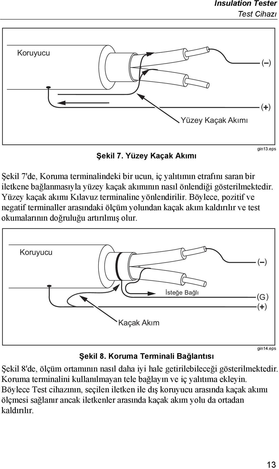 Yüzey kaçak akımı Kılavuz terminaline yönlendirilir. Böylece, pozitif ve negatif terminaller arasındaki ölçüm yolundan kaçak akım kaldırılır ve test okumalarının doğruluğu artırılmış olur.