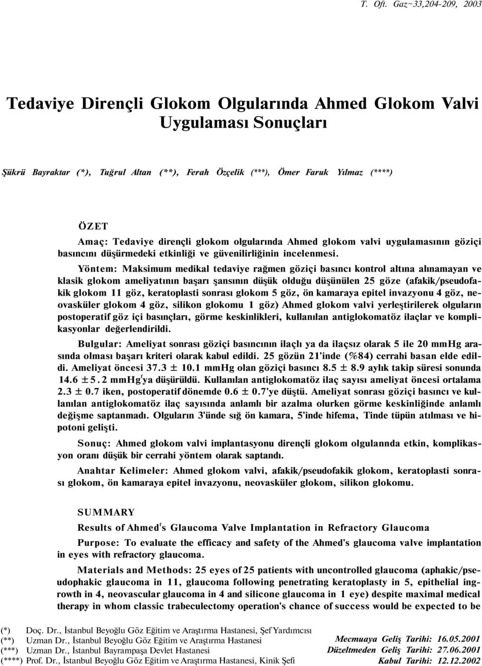 Tedaviye dirençli glokom olgularında Ahmed glokom valvi uygulamasının göziçi basıncını düşürmedeki etkinliği ve güvenilirliğinin incelenmesi.