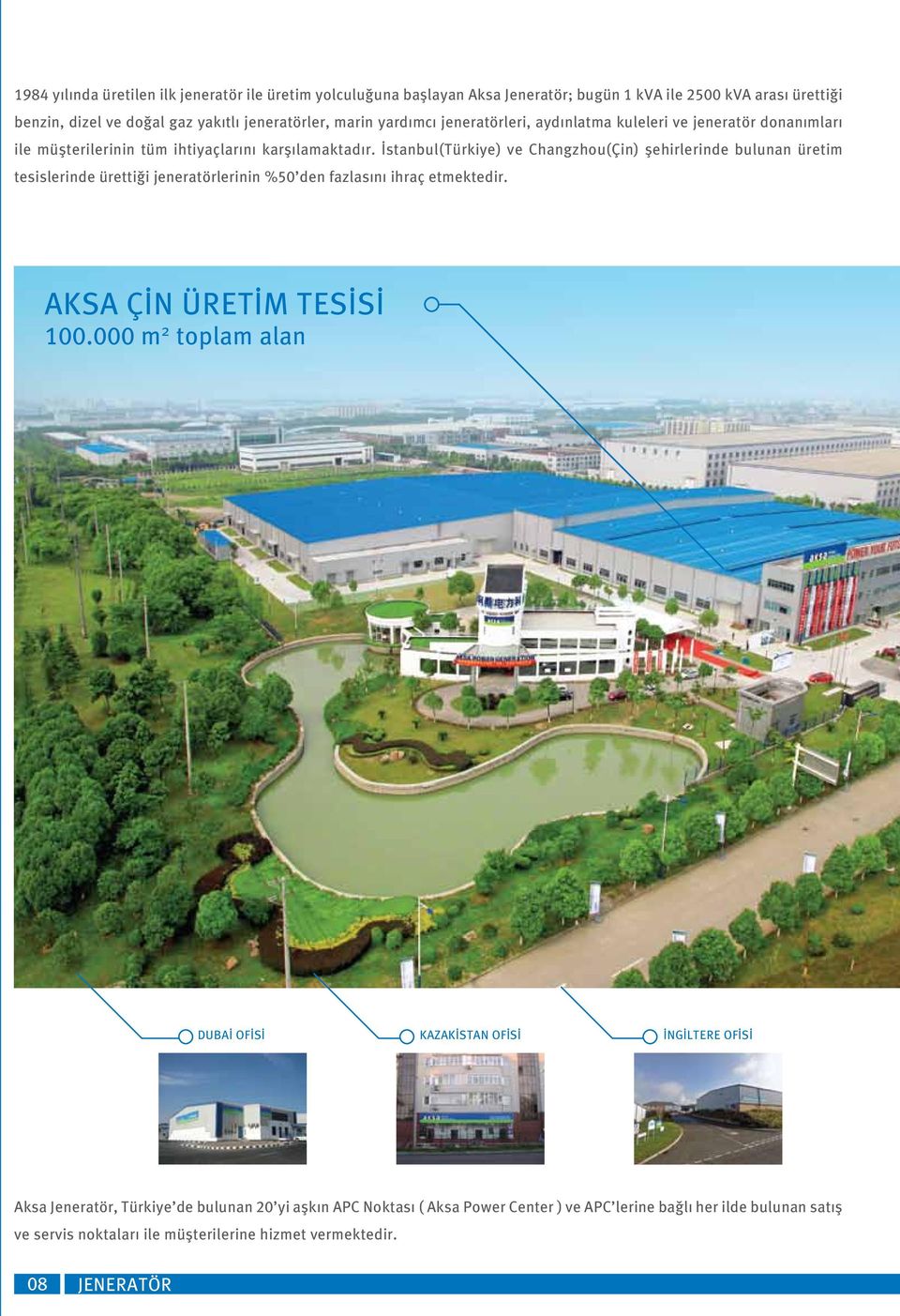 İstanbul(Türkiye) ve Changzhou(Çin) şehirlerinde bulunan üretim tesislerinde ürettiği jeneratörlerinin %50 den fazlas n ihraç etmektedir. AKSA ÇİN ÜRETİM TESİSİ 100.