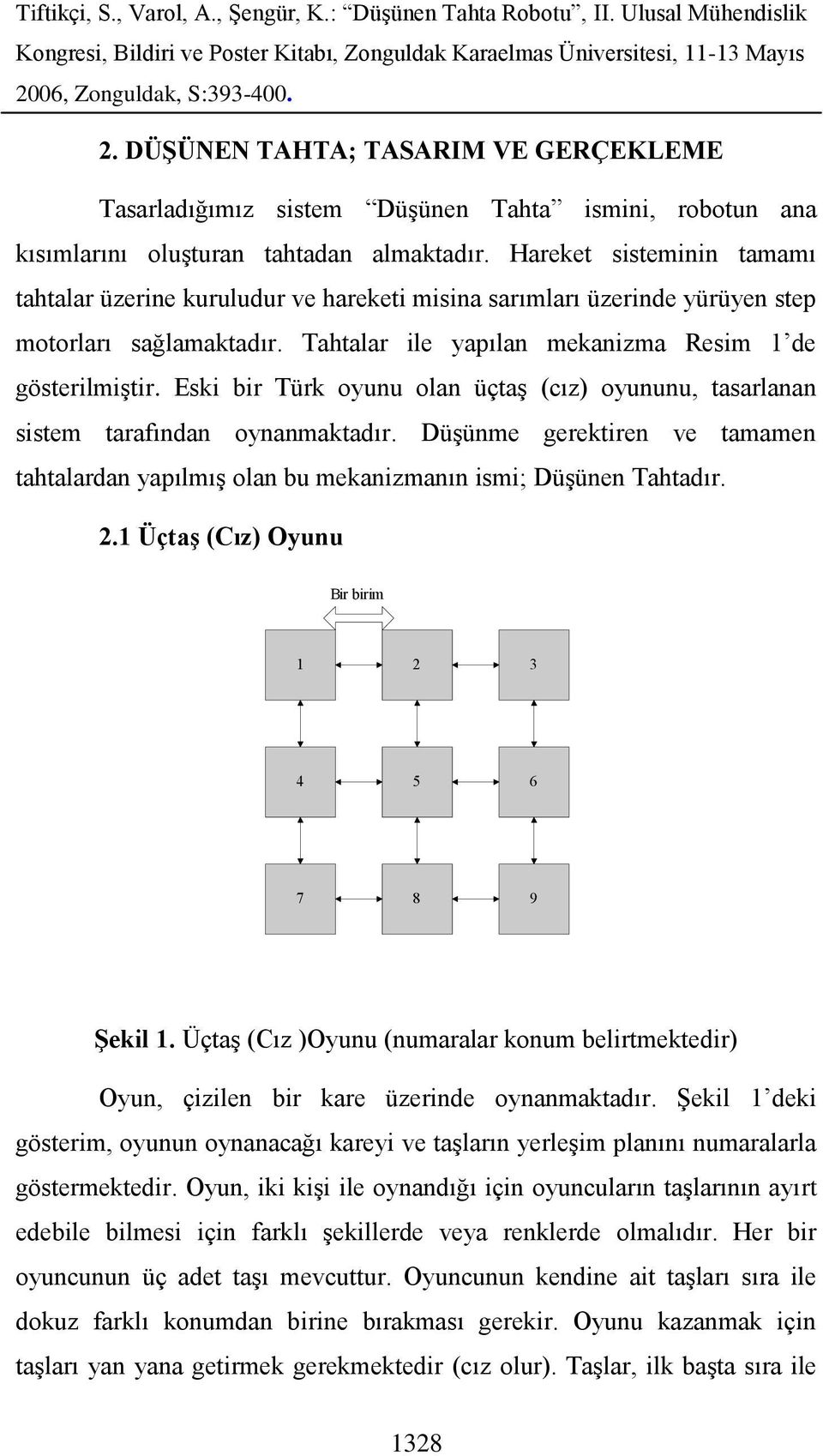 Eski bir Türk oyunu olan üçtaş (cız) oyununu, tasarlanan sistem tarafından oynanmaktadır. Düşünme gerektiren ve tamamen tahtalardan yapılmış olan bu mekanizmanın ismi; Düşünen Tahtadır. 2.