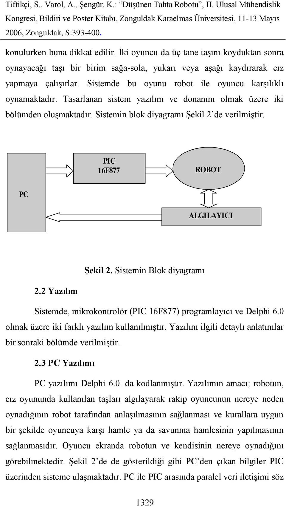 PIC 16F877 ROBOT PC ALGILAYICI Şekil 2. Sistemin Blok diyagramı 2.2 Yazılım Sistemde, mikrokontrolör (PIC 16F877) programlayıcı ve Delphi 6.0 olmak üzere iki farklı yazılım kullanılmıştır.