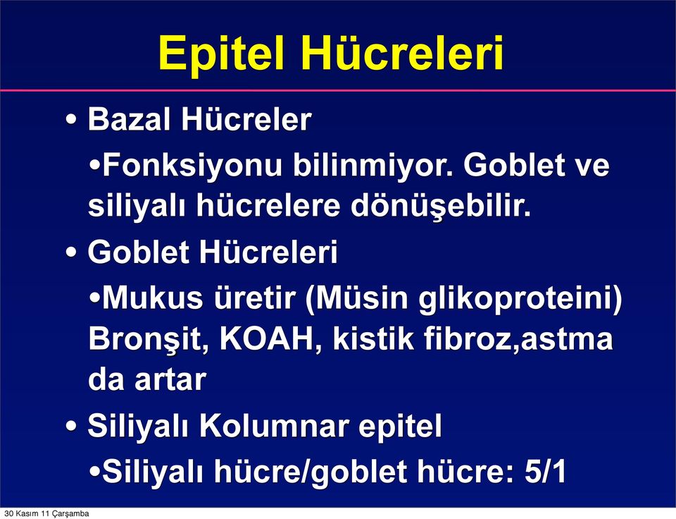 Goblet Hücreleri Mukus üretir (Müsin glikoproteini) Bronşit,