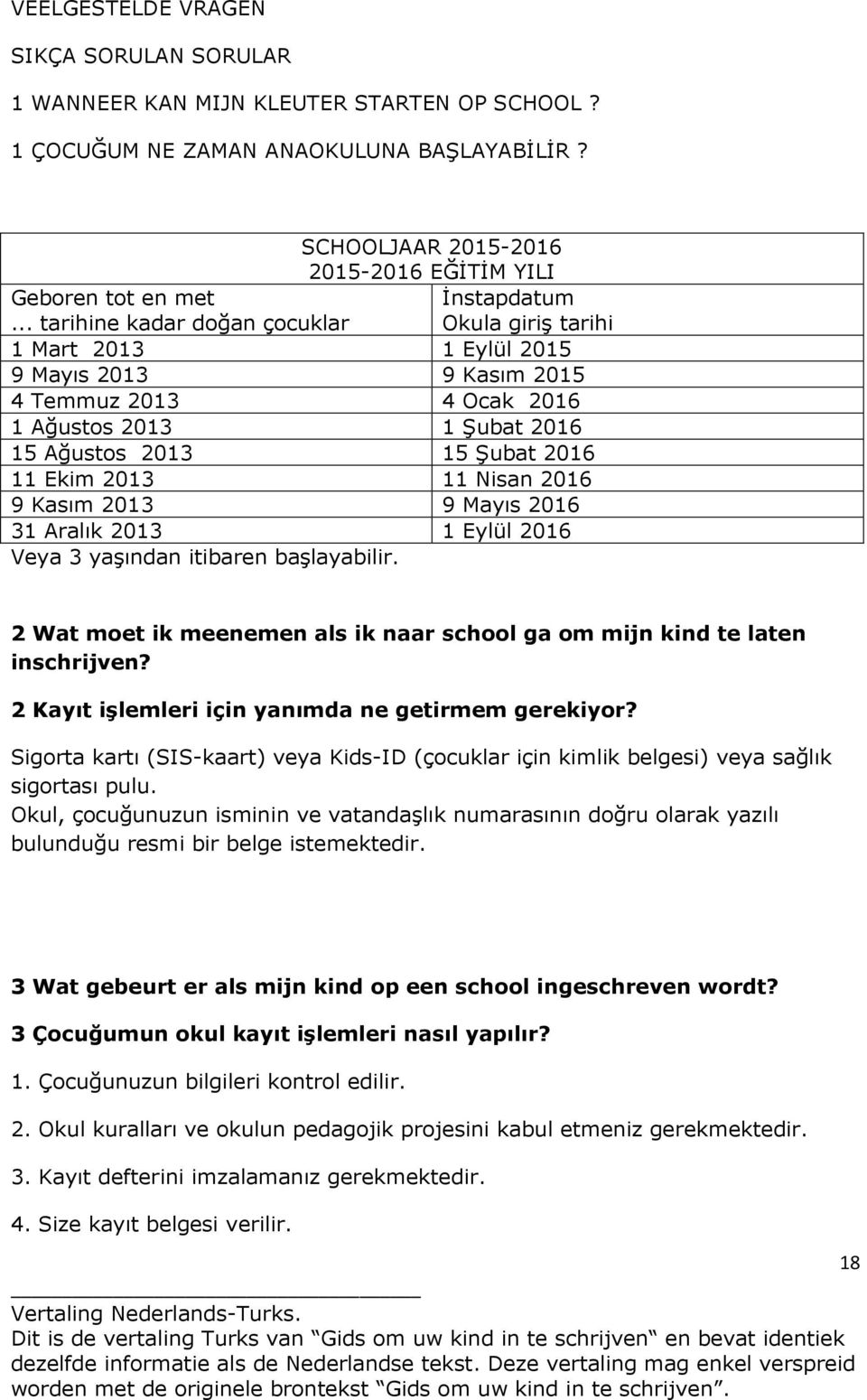 11 Ekim 2013 11 Nisan 2016 9 Kasım 2013 9 Mayıs 2016 31 Aralık 2013 1 Eylül 2016 Veya 3 yaşından itibaren başlayabilir. 2 Wat moet ik meenemen als ik naar school ga om mijn kind te laten inschrijven?