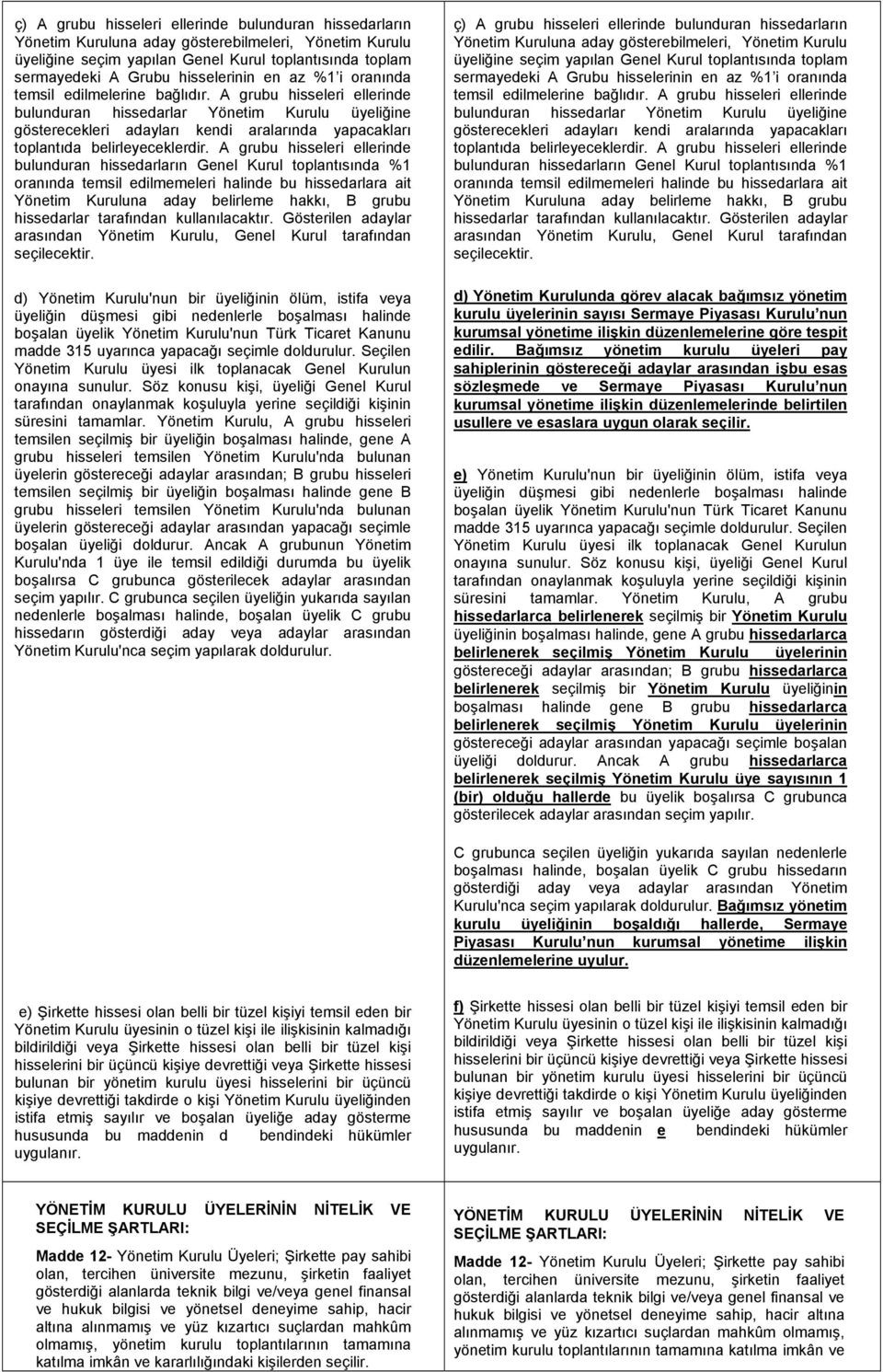 grubu hisseleri ellerinde bulunduran hissedarlar Yönetim Kurulu üyeliğine gösterecekleri adayları kendi aralarında yapacakları toplantıda belirleyeceklerdir.