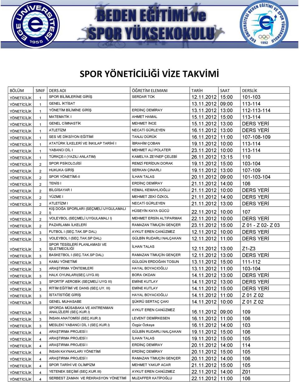 11.2012 13:00 DERS YERİ YÖNETİCİLİK 1 SES VE DİKSİYON EĞİTİMİ TANJU DÜRÜK 16.11.2012 11:00 107-108-109 YÖNETİCİLİK 1 ATATÜRK İLKELERİ VE İNKILAP TARİHİ I İBRAHİM ÇOBAN 19.11.2012 10:00 113-114 YÖNETİCİLİK 1 YABANCI DİL I MEHMET ALİ POLATER 23.