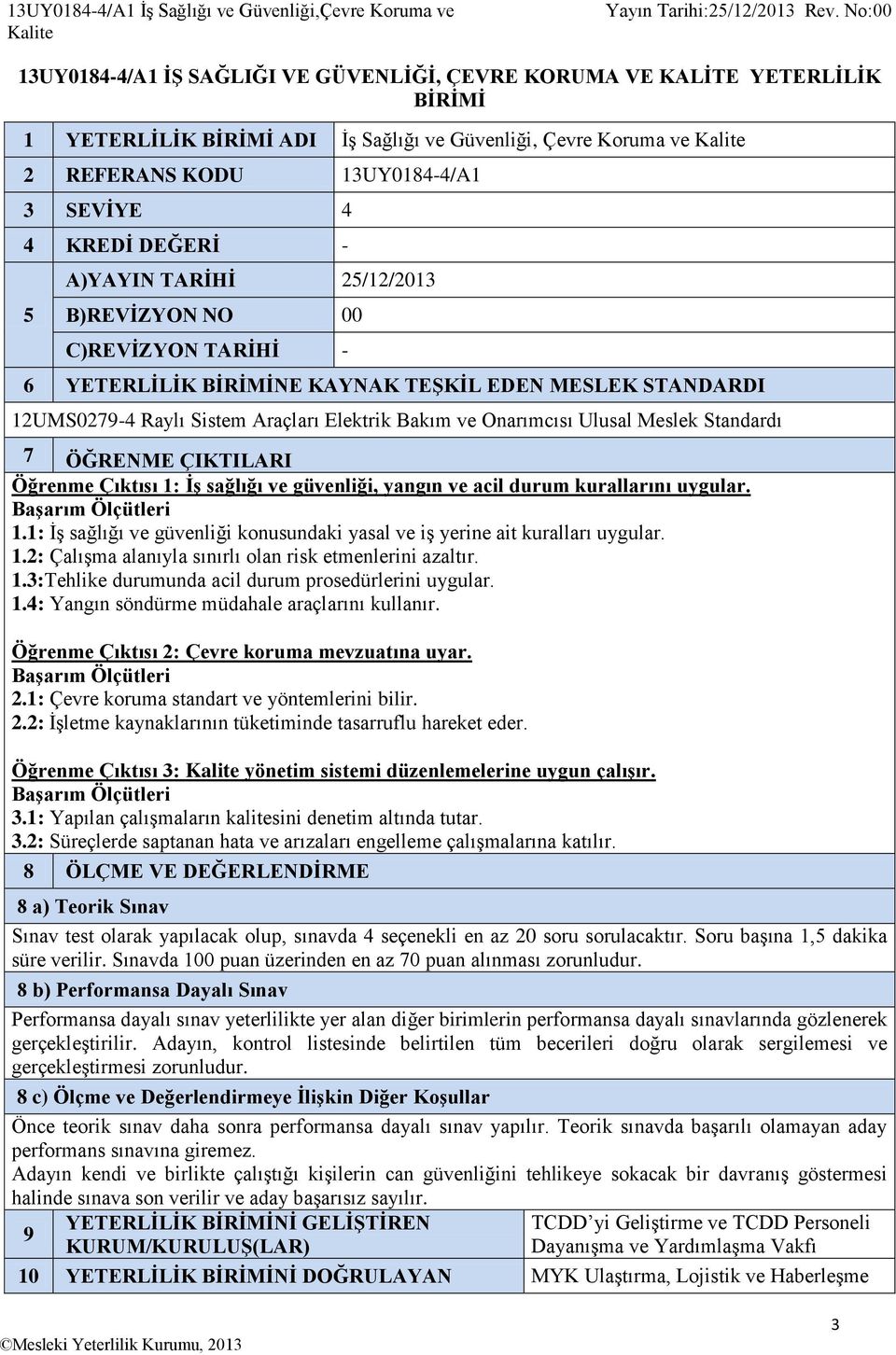 12UMS0279-4 Raylı Sistem Araçları Elektrik Bakım ve Onarımcısı Ulusal Meslek Standardı 7 ÖĞRENME ÇIKTILARI Öğrenme Çıktısı 1: İş sağlığı ve güvenliği, yangın ve acil durum kurallarını uygular.