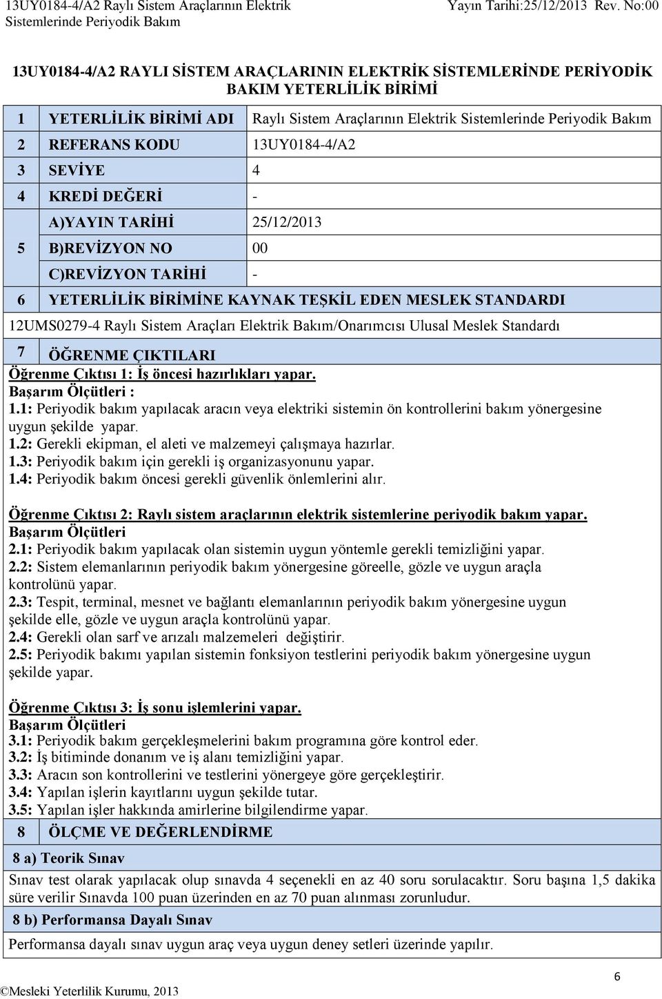 BİRİMİNE KAYNAK TEŞKİL EDEN MESLEK STANDARDI 12UMS0279-4 Raylı Sistem Araçları Elektrik Bakım/Onarımcısı Ulusal Meslek Standardı 7 ÖĞRENME ÇIKTILARI Öğrenme Çıktısı 1: İş öncesi hazırlıkları yapar.