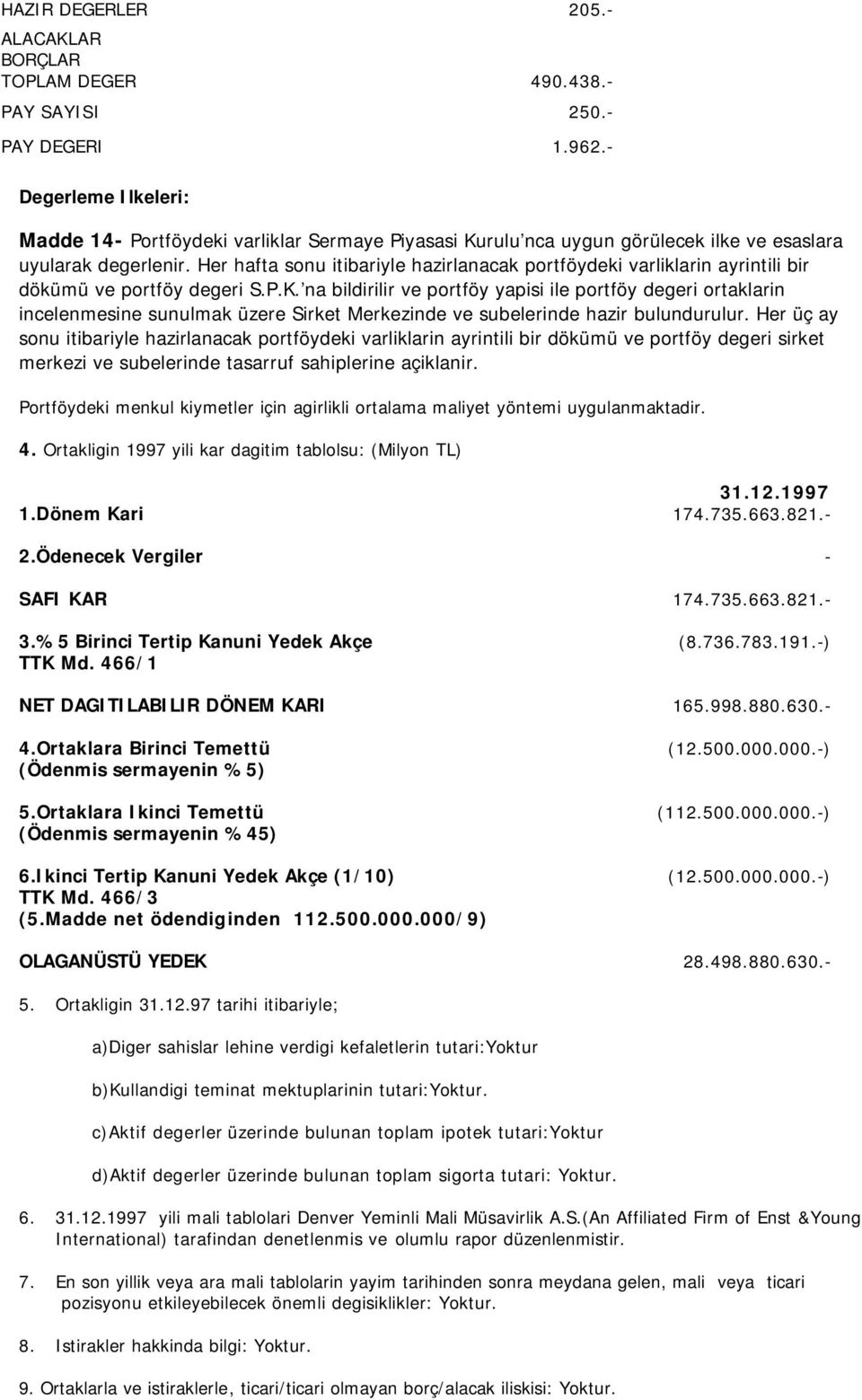 Her hafta sonu itibariyle hazirlanacak portföydeki varliklarin ayrintili bir dökümü ve portföy degeri S.P.K.