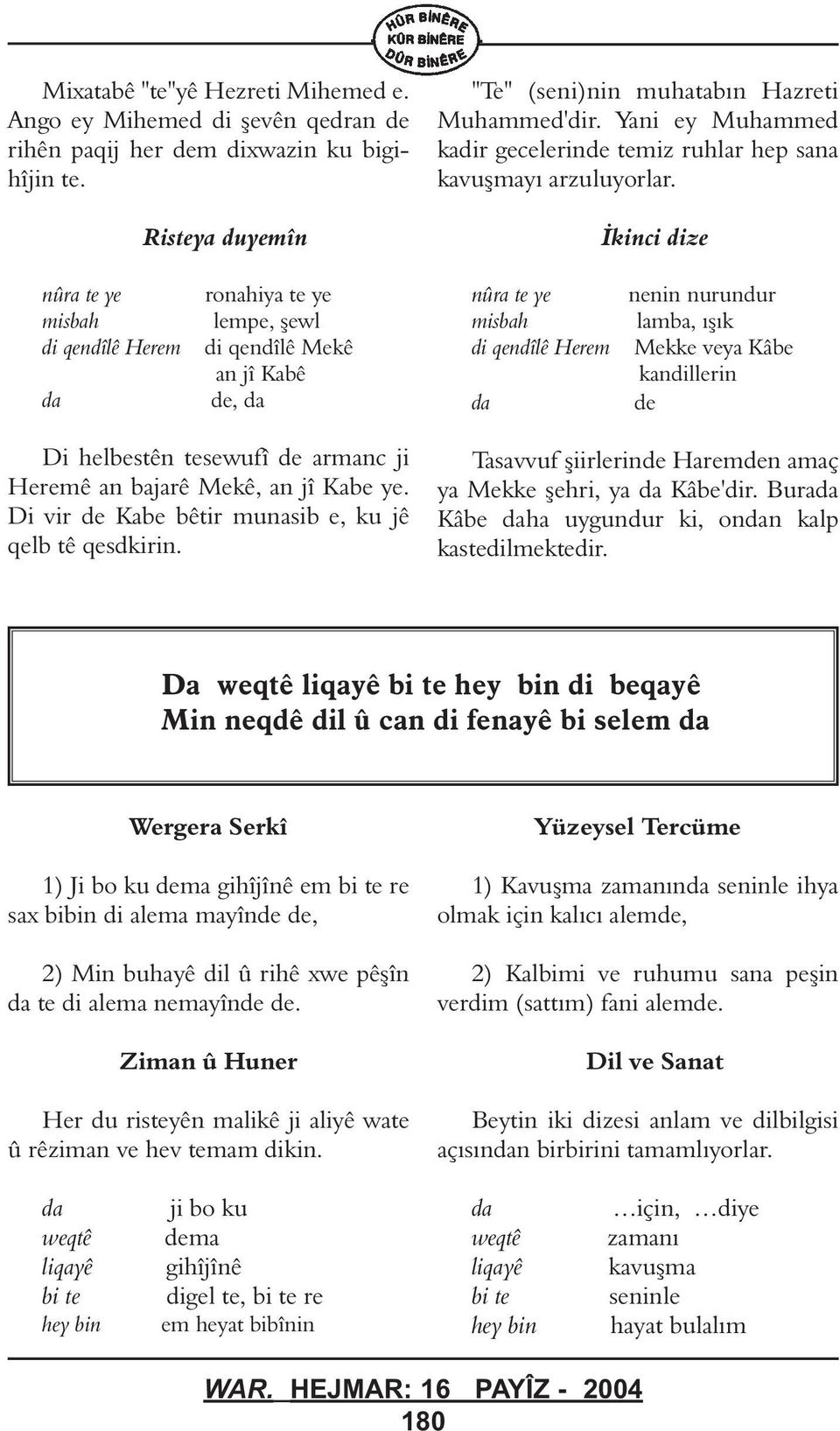 Ýkinci dize nra te ye misbah di qendîlê Herem ronahiya te ye lempe, þewl di qendîlê Mekê an jî Kabê de, nra te ye misbah di qendîlê Herem nenin nurundur lamba, ýþýk Mekke veya Kâbe kandillerin de Di