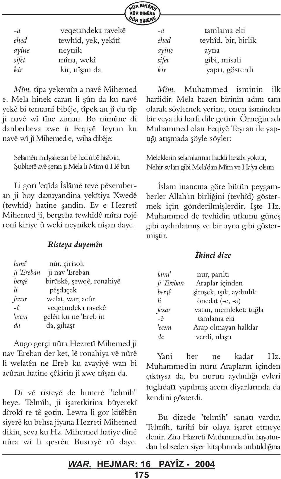 Bo nimne di nberheva xwe Feqiyê Teyran ku navê wî jî Mihemed e, wiha dibêje: Selamên milyaketan bê hedbêhisêbin, Þubhetê avê þetan ji Mela li Mîm Hê bin Li gorî 'eqî Ýslâmê tevê pêxemberan ji boy