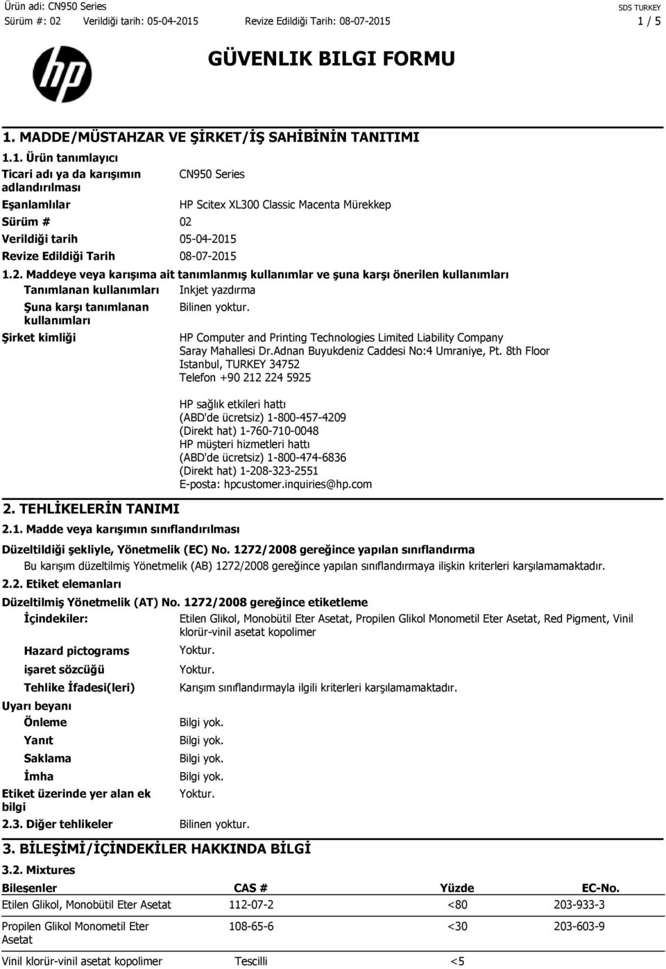 TEHLİKELERİN TANIMI Bilinen yoktur. 2.1. Madde veya karışımın sınıflandırılması HP Computer and Printing Technologies Limited Liability Company Saray Mahallesi Dr.