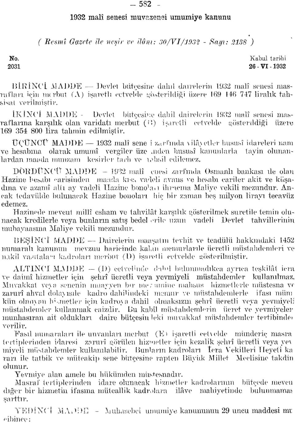 İKİNCİ MADDE - Devlet bütçesine dahil dairelerin 1932 malî senesi masraflarına karşılık olan varidatı merbut (D) işaretli cetvelde t>österddiği üzere 169 354 800 lira tahmin edilmiştir.